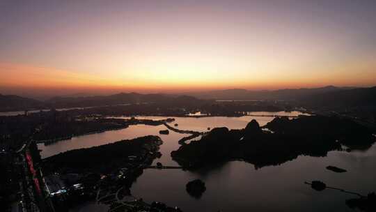 广东肇庆星湖七星山日落晚霞夕阳航拍