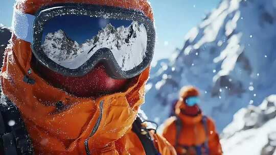 雪山前的登山者特写