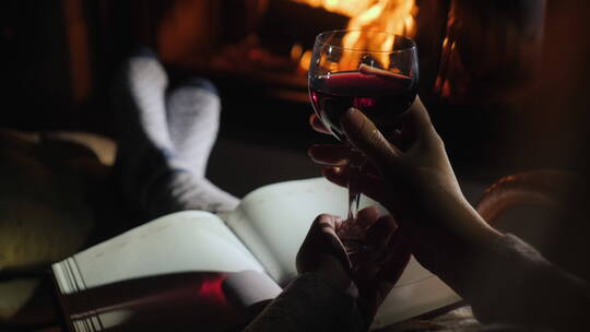在壁炉旁喝酒看书的人