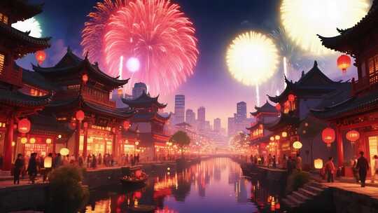 中国传统节庆烟花与灯笼辉煌夜景