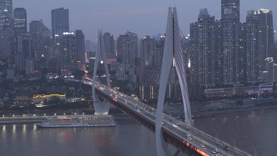 重庆夜晚江景轮船大桥航拍