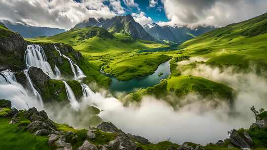 山间瀑布与绿地全景