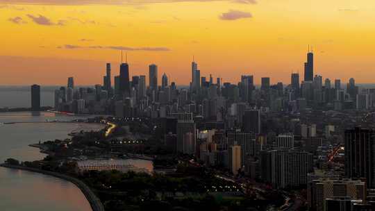 航拍芝加哥市中心林肯公园大海城市天际线