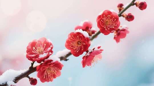 枝头覆雪红梅特写