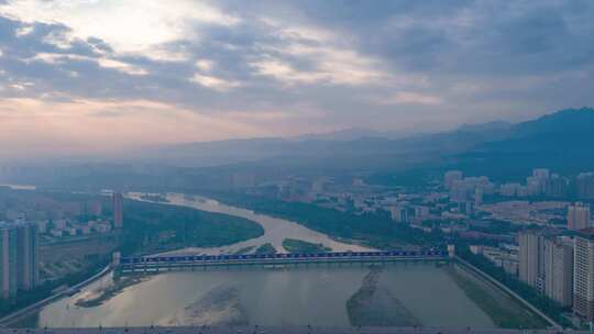 陕西宝鸡城市清晨航拍延时