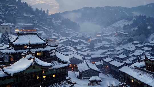 冬天中国塔楼古镇下雪古风雪景