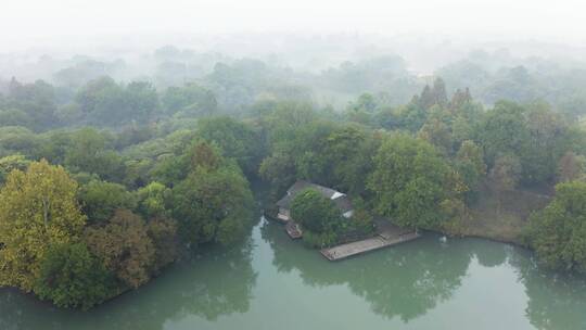 杭州西溪湿地公园初秋晨曦晨雾航拍