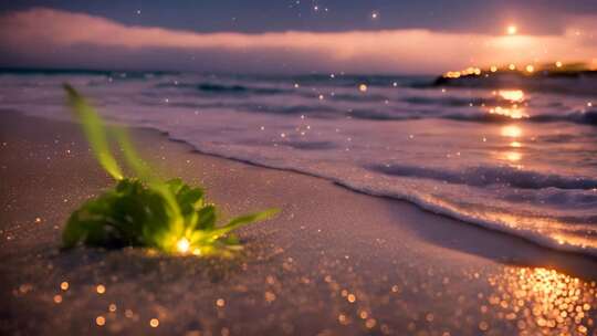 海边沙滩绿植夜景