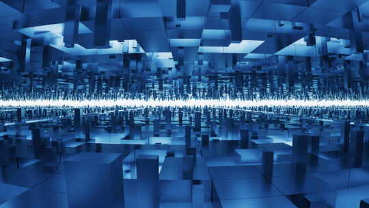 蓝色科技感方块隧道3D渲染