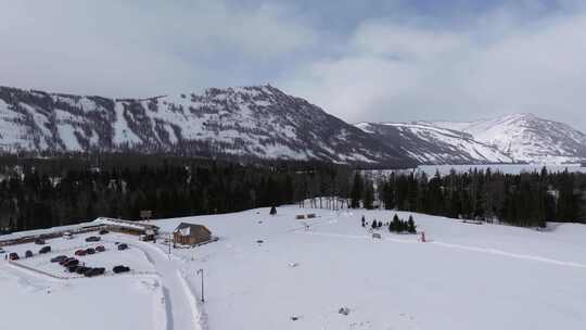 冬季喀纳斯河流晨雾雪山森林冰河观鱼台雪景