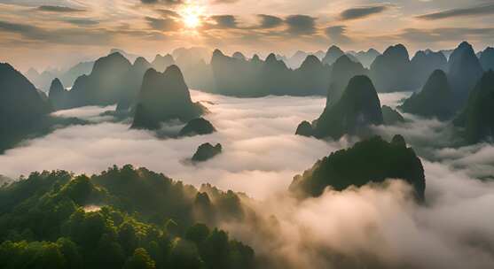 桂林山水合集山峰云海群山云雾缭绕自然风景