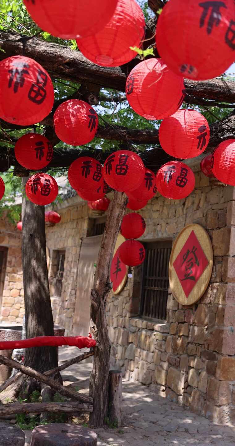 农村悬挂的福字红灯笼