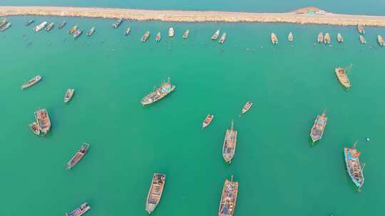 航拍海洋港湾渔船成排城市渔业码头船舶休渔