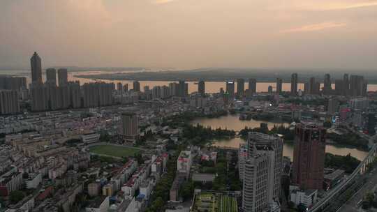 夏日傍晚 芜湖镜湖主城城市风光航拍素材