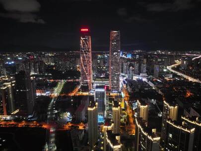 云南万达昆明双塔夜景西山区航拍延时城市地