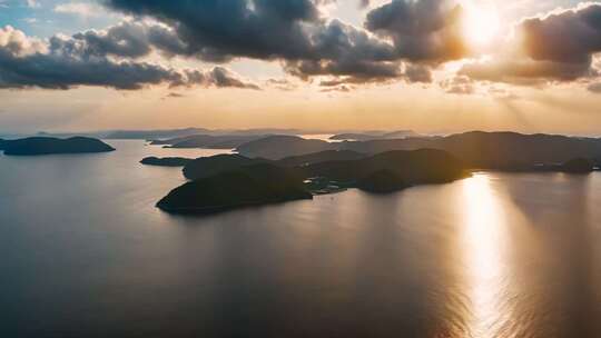 航拍海面岛屿日落景象