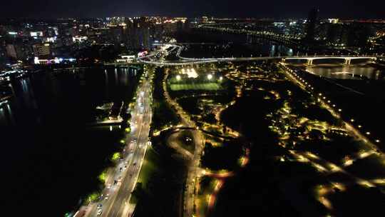 福建泉州城市夜景灯光交通航拍晋江