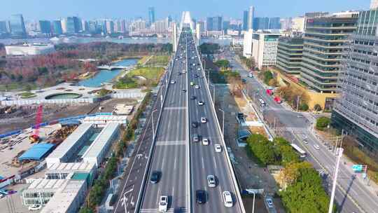 上海卢浦大桥航拍南北高架路车流城市交通