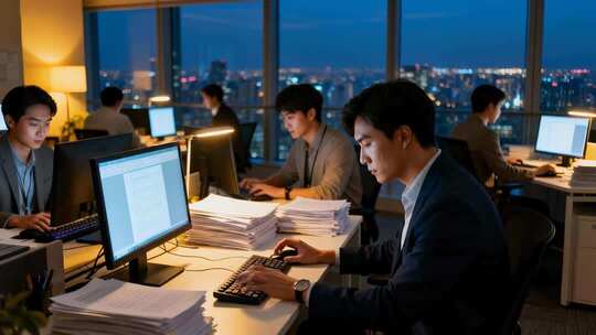 白领团队深夜加班奋斗商务办公场景