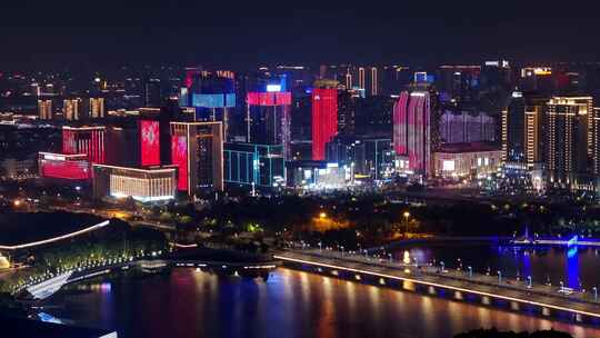 航拍扬州西区明月湖大桥夜景京华城商圈全景