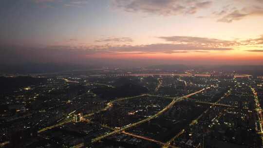 杭州滨江区城市晚霞夜景航拍