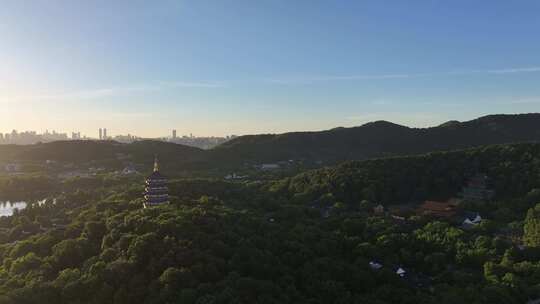 杭州西湖雷峰塔日出航拍