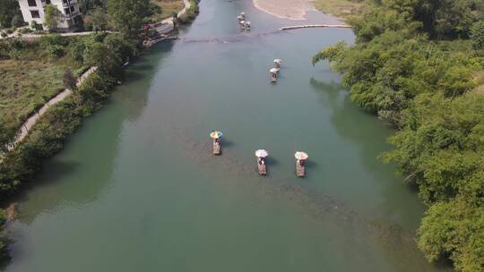 航拍广西桂林遇龙河竹筏漂流