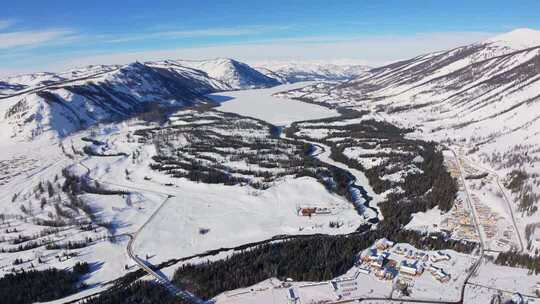 新疆阿勒泰地区喀纳斯景区雪景航拍