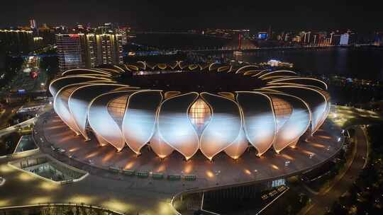杭州奥体中心杭州之门夜晚夜景航拍亚运会体视频素材模板下载