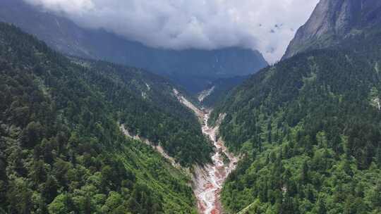 航拍四川甘孜贡嘎山区南门关沟森林河谷风光