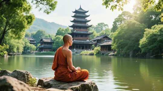 冥想中僧侣自然美景与宁静场景