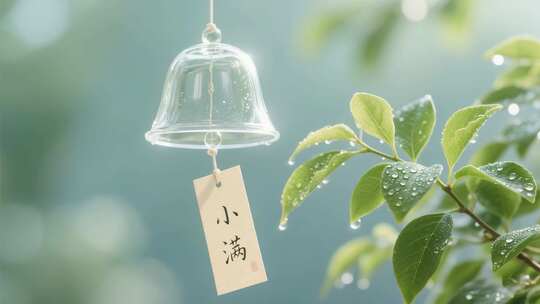 带小满标签的玻璃风铃与绿叶