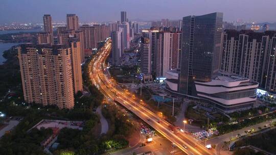 厦门航拍城市路口夜景