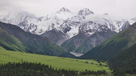 新疆伊犁昭苏夏塔古道雪山森林航拍自然风光