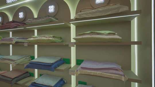 货架上陈列的多色家纺用品