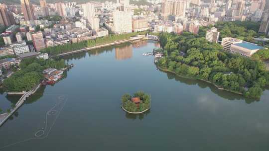 湖南省郴州市北湖区北湖公园北楼夕阳航拍4k