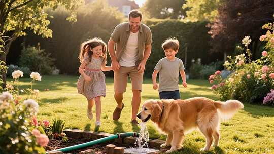 家庭在花园与宠物嬉戏场景