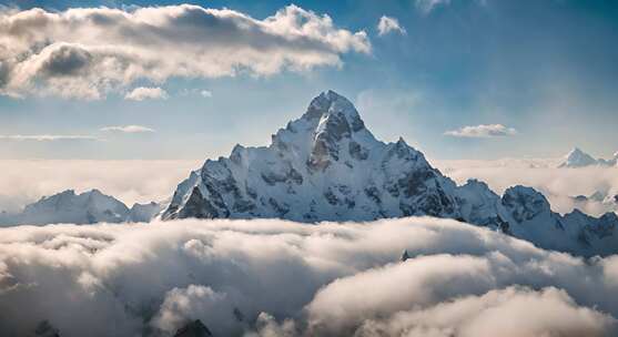 雪山云雾森林阳光树林远山峰大自然生态风景