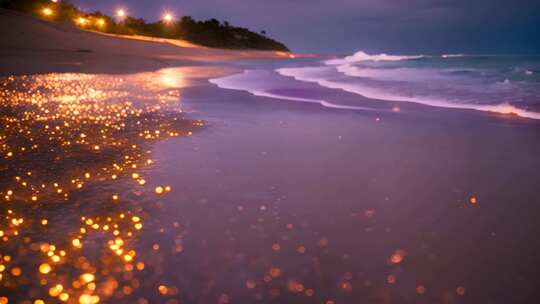 夜晚沙滩海浪与灯光倒影