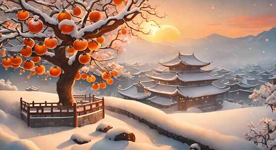 雪景柿子 新年喜庆