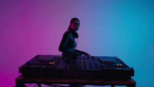 夜总会肖像中的DJ女人红色背景舞会和技术