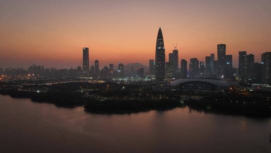 深圳南山区深圳湾日落晚霞夜景航拍