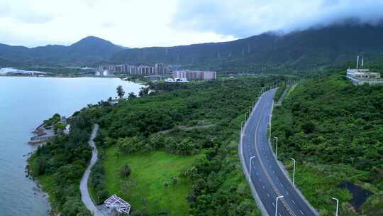 航拍广东旅游公路深圳坝光段早晨风光