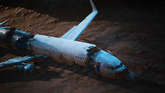 4K 沙漠中坠毁的被遗弃的破碎飞机