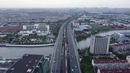 【4K】航拍上海南北高架地铁1号线夕阳黄昏