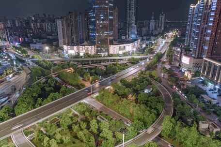 岳家嘴山河大厦城市车流夜景航拍延时