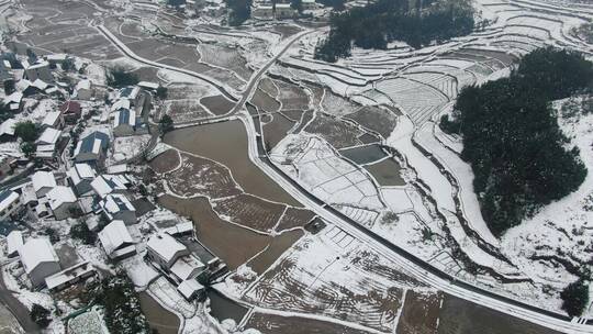 航拍冬天农田水田雪景