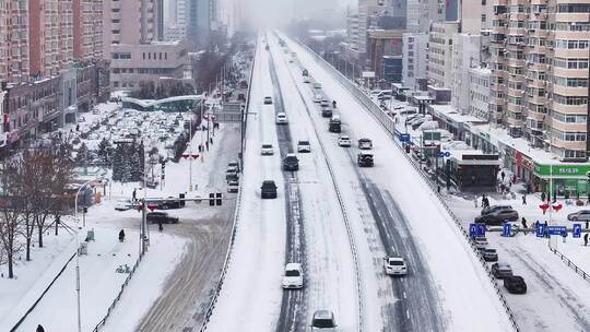 中国东北辽宁沈阳冬季雪后城市航拍