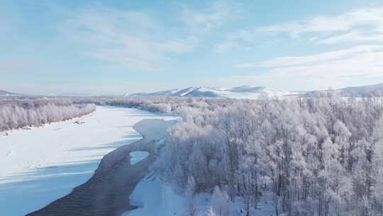 4K冬季呼伦贝尔雪原河流雾凇梦幻航拍8