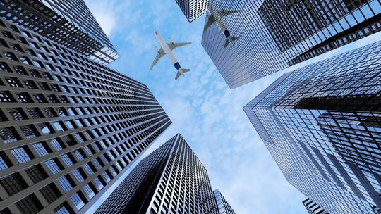 飞机从头顶飞过 飞机飞过城市金融楼顶视频素材模板下载